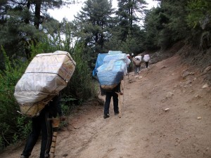 Nepalese porters hauling 100kg loads to Namche