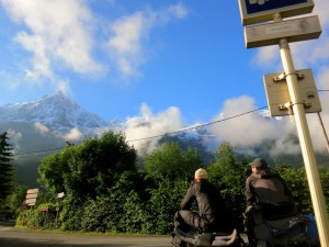 Looking up at Mt. Blanc while waiting for the bus