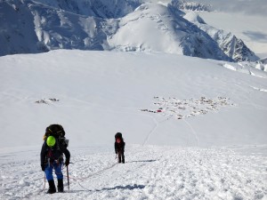 Climbing towards the fixed lines with 14k Camp below on Denali